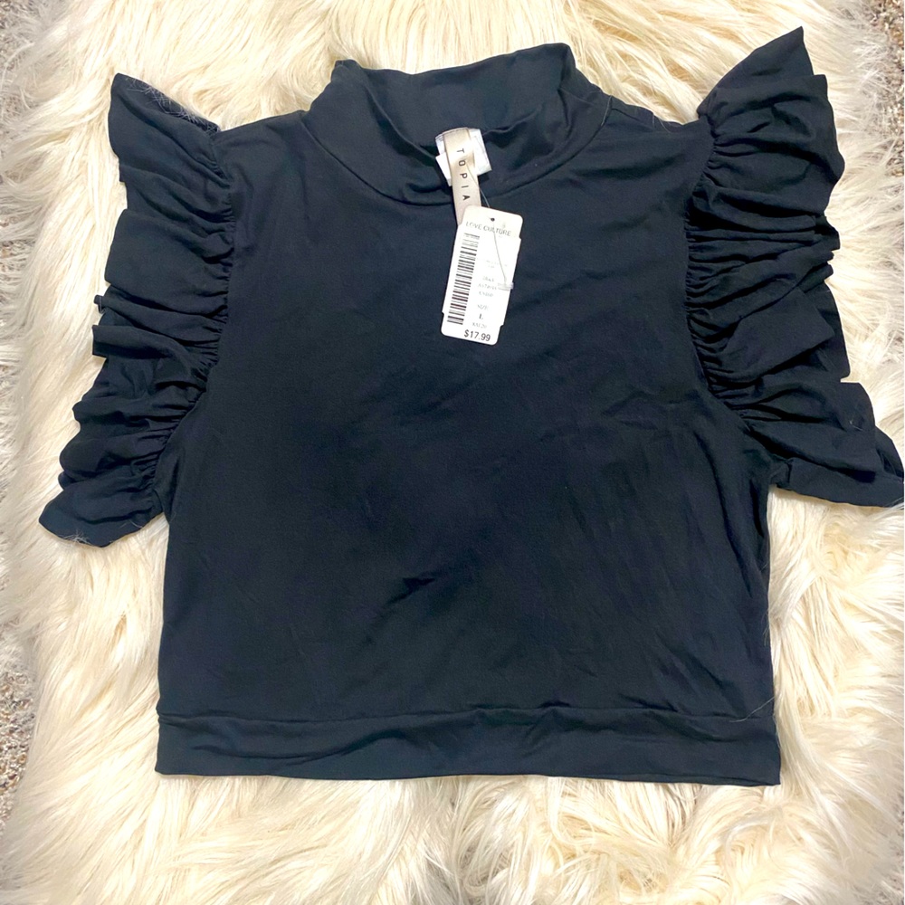 NWT Love Culture Black Ruffled Sleeve Top